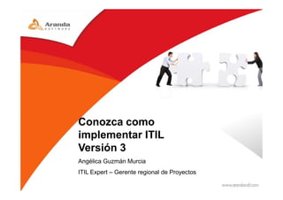 Conozca como
implementar ITIL
Versión 3
Angélica Guzmán Murcia
ITIL Expert – Gerente regional de Proyectos
 
