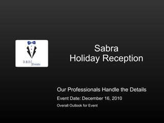 Sabra
Holiday Reception
Our Professionals Handle the Details
Event Date: December 16, 2010
Overall Outlook for Event
 