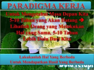 Untuk Mengetahui Masa Depan Kita
5-10 Tahun yang Akan Datang 
Lihatlah Orang yang Melakukan
Hal yang Sama, 5-10 Tahun
Lebih Dulu Dari Kita
Lakukanlah Hal Yang Berbeda
Untuk Mendapatkan Hasil Yang Berbeda
 