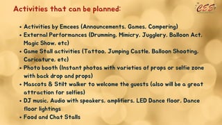 Activities by Emcees (Announcements, Games, Compering)
External Performances (Drumming, Mimicry, Jugglery, Balloon Act,
Ma...
