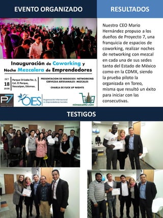 Nuestro CEO Mario
Hernández propuso a los
dueños de Proyecto 7, una
franquicia de espacios de
coworking, realizar noches
de networking con mezcal
en cada una de sus sedes
tanto del Estado de México
como en la CDMX, siendo
la prueba piloto la
organizada en Toreo,
misma que resultó un éxito
para iniciar con las
consecutivas.
EVENTO ORGANIZADO RESULTADOS
TESTIGOS
 