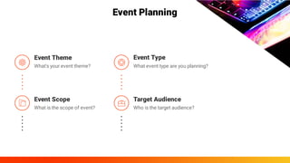 What's your event theme?
Event Theme
Event Planning
What is the scope of event?
Event Scope
What event type are you planning?
Event Type
Who is the target audience?
Target Audience
 