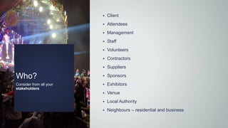 Who?
Consider from all your
stakeholders
 Client
 Attendees
 Management
 Staff
 Volunteers
 Contractors
 Suppliers
 Sponsors
 Exhibitors
 Venue
 Local Authority
 Neighbours – residential and business
 