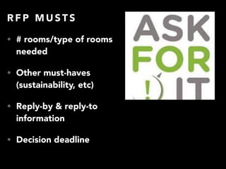 R F P M U S T S
• # rooms/type of rooms
needed
• Other must-haves
(sustainability, etc)
• Reply-by & reply-to
information
...