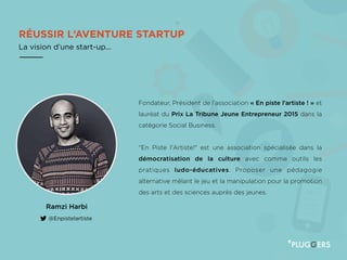 RÉUSSIR L’AVENTURE STARTUP
La vision d’une start-up...
Ramzi Harbi
@Enpistelartiste
Fondateur, Président de l’association « En piste l’artiste ! » et
lauréat du Prix La Tribune Jeune Entrepreneur 2015 dans la
catégorie Social Business.
"En Piste l'Artiste!" est une association spécialisée dans la
démocratisation de la culture avec comme outils les
pratiques ludo-éducatives. Proposer une pédagogie
alternative mêlant le jeu et la manipulation pour la promotion
des arts et des sciences auprès des jeunes.
 