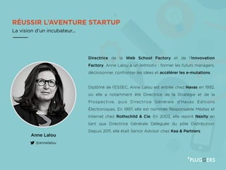 RÉUSSIR L’AVENTURE STARTUP
La vision d’un incubateur...
Anne Lalou
@annelalou
Directrice de la Web School Factory et de l’Innvovation
Factory. Anne Lalou a un leitmotiv : former les futurs managers,
décloisonner, confronter les idées et accélérer les e-mutations.
Diplômé de l’ESSEC, Anne Lalou est entrée chez Havas en 1992,
où elle a notamment été Directrice de la Stratégie et de la
Prospective, puis Directrice Générale d'Havas Editions
Électroniques. En 1997, elle est nommée Responsable Médias et
Internet chez Rothschild & Cie. En 2002, elle rejoint Nexity en
tant que Directrice Générale Déléguée du pôle Distribution.
Depuis 2011, elle était Senior Advisor chez Kea & Partners.
 