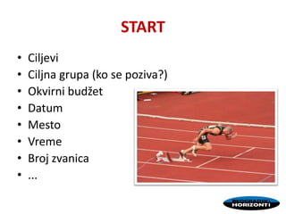 START
• Ciljevi
• Ciljna grupa (ko se poziva?)
• Okvirni budžet
• Datum
• Mesto
• Vreme
• Broj zvanica
• ...
 