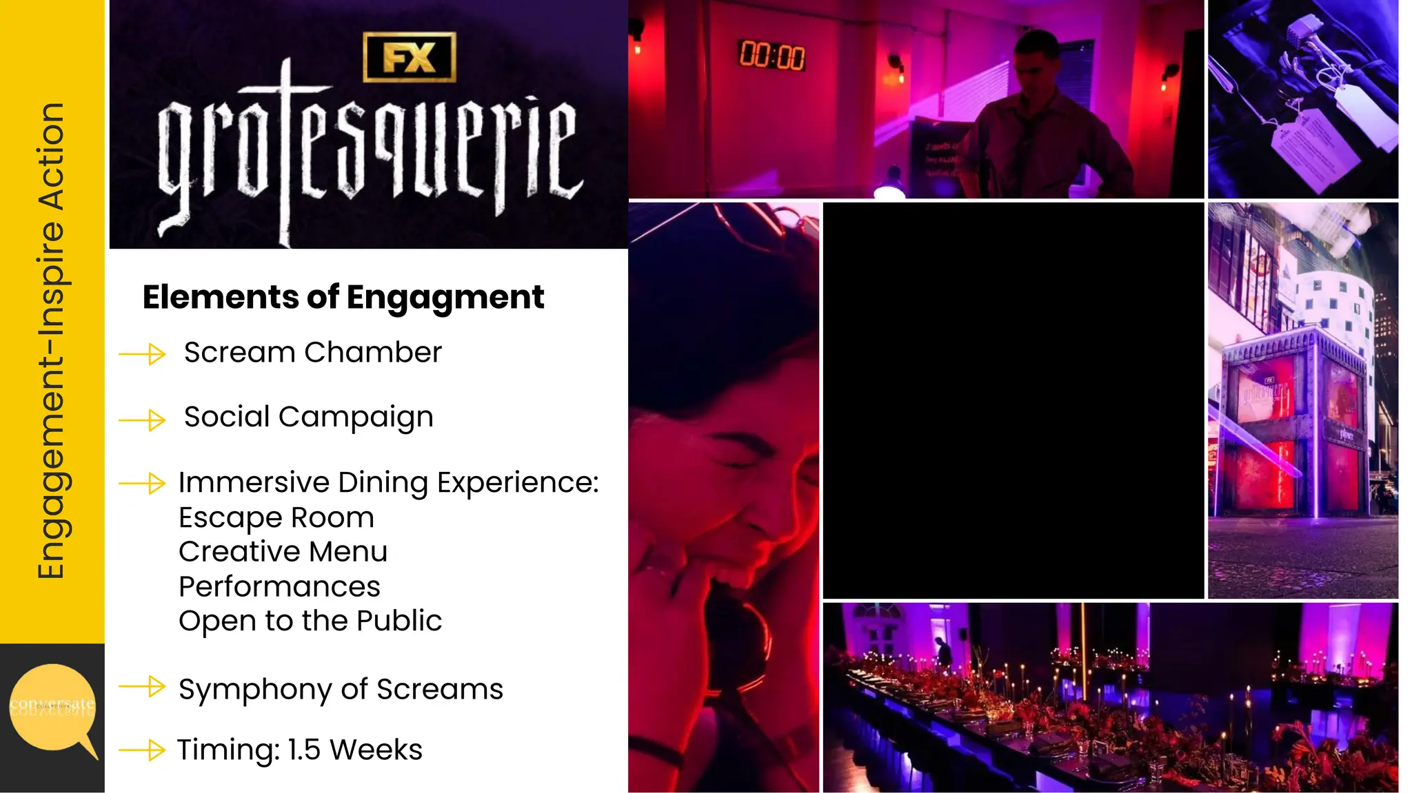 Engagement-Inspire
Action
Elements of Engagment
Scream Chamber
Social Campaign
Timing: 1.5 Weeks
Immersive Dining Experience:
Escape Room
Creative Menu
Performances
Open to the Public
Symphony of Screams
 