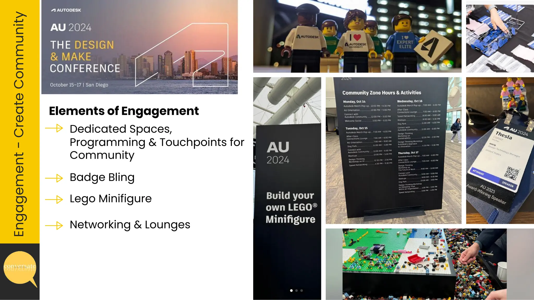 Engagement
-
Create
Community
Elements of Engagement
Dedicated Spaces,
Programming & Touchpoints for
Community
Badge Bling
Lego Minifigure
Networking & Lounges
 