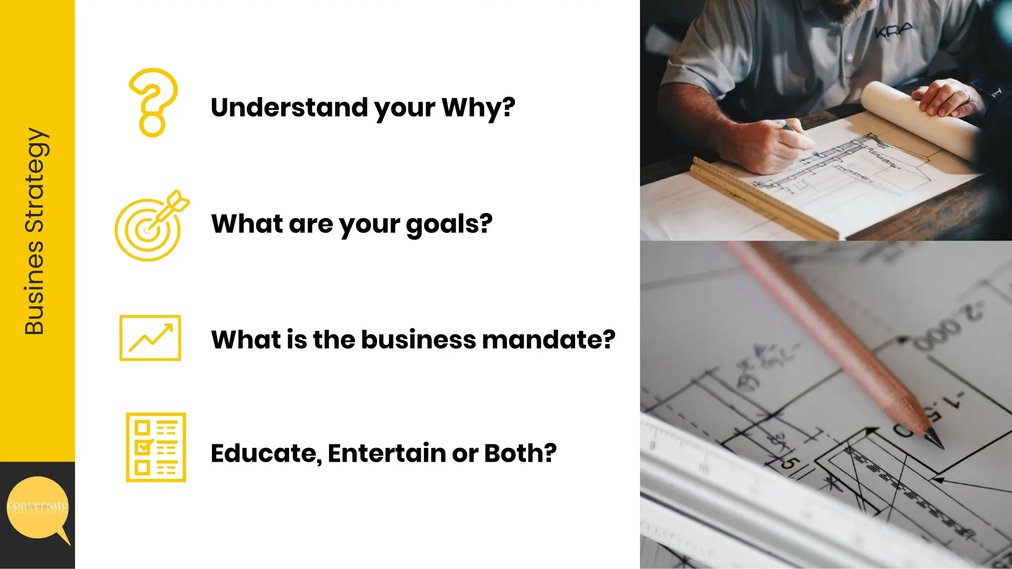 Busines
Strategy
Understand your Why?
What are your goals?
What is the business mandate?
Educate, Entertain or Both?
 