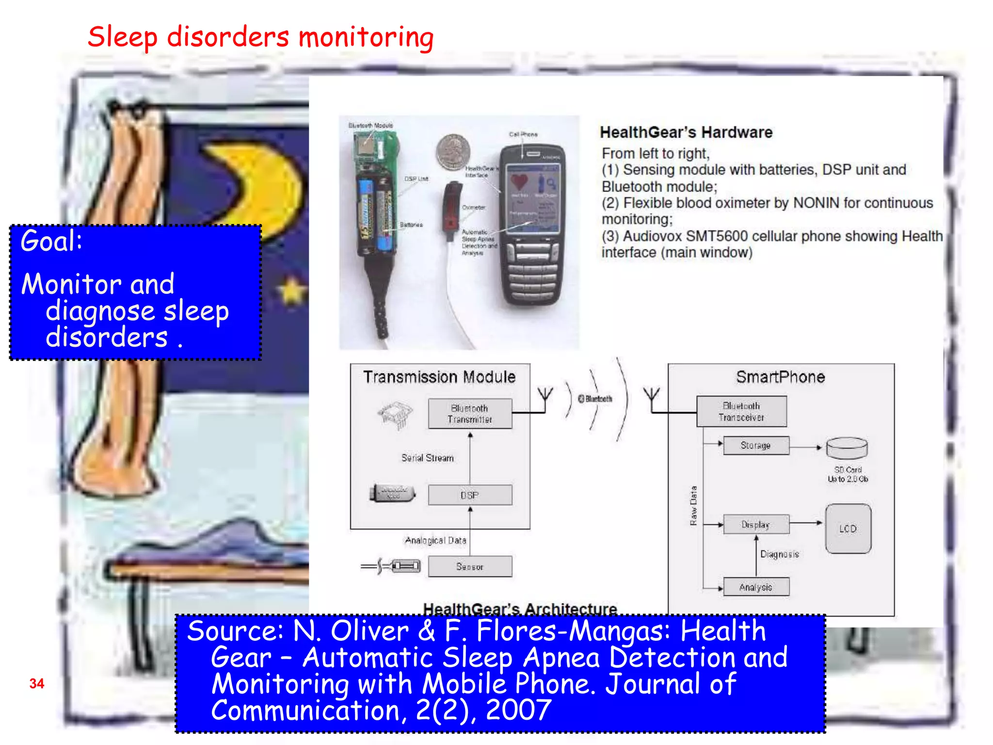 34
Goal:
Monitor and
diagnose sleep
disorders .
Sleep disorders monitoring
Source: N. Oliver & F. Flores-Mangas: Health
Gear – Automatic Sleep Apnea Detection and
Monitoring with Mobile Phone. Journal of
Communication, 2(2), 2007
 