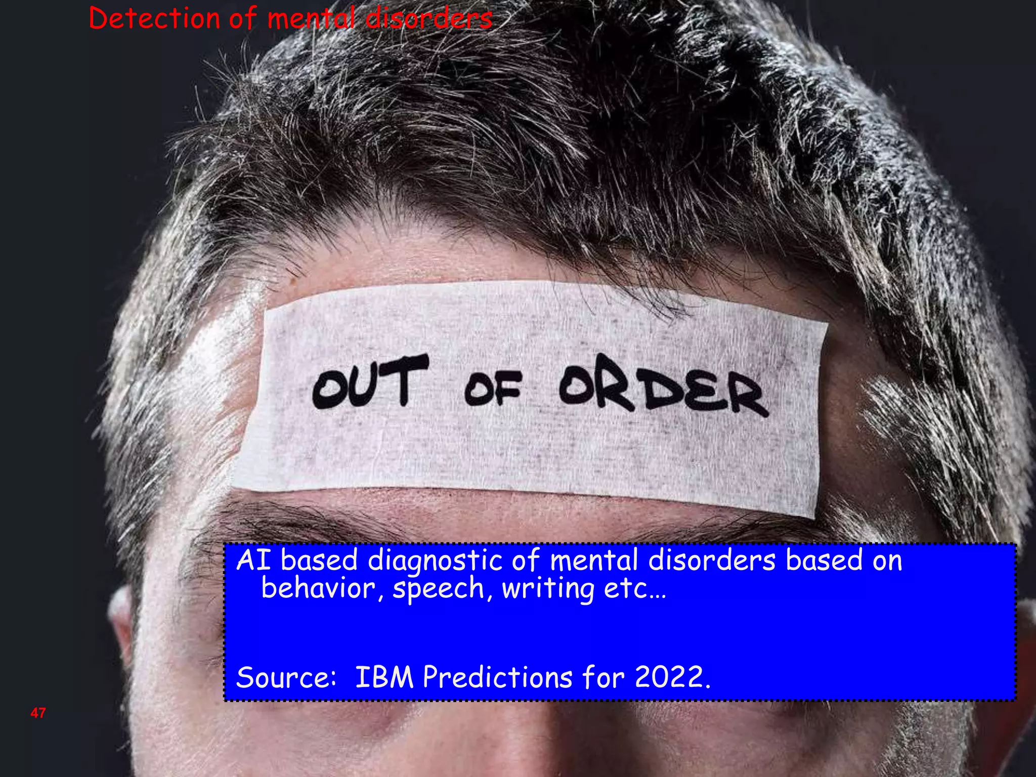 47
AI based diagnostic of mental disorders based on
behavior, speech, writing etc…
Source: IBM Predictions for 2022.
Detection of mental disorders
 