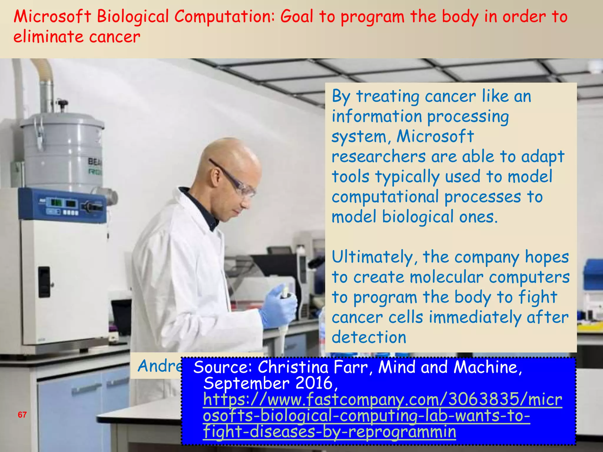 67
Microsoft Biological Computation: Goal to program the body in order to
eliminate cancer
By treating cancer like an
information processing
system, Microsoft
researchers are able to adapt
tools typically used to model
computational processes to
model biological ones.
Ultimately, the company hopes
to create molecular computers
to program the body to fight
cancer cells immediately after
detection
Andrew PhillipsSource: Christina Farr, Mind and Machine,
September 2016,
https://www.fastcompany.com/3063835/micr
osofts-biological-computing-lab-wants-to-
fight-diseases-by-reprogrammin
 