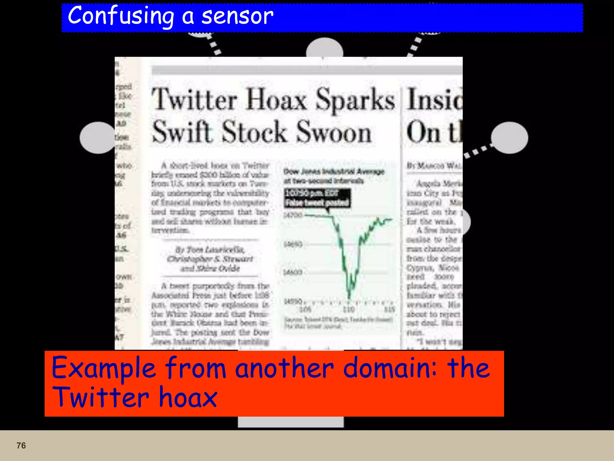 76
Confusing a sensor
Example from another domain: the
Twitter hoax
 