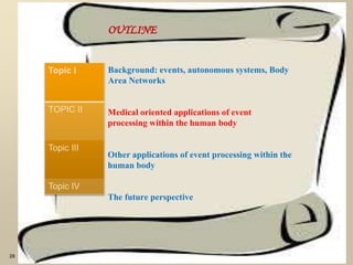 OUTLINE
Background: events, autonomous systems, Body
Area Networks
Medical oriented applications of event
processing within the human body
Other applications of event processing within the
human body
The future perspective
28
Topic I
TOPIC II
Topic III
Topic IV
 