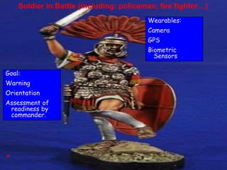 29
Soldier in Battle (including: policeman, fire fighter…)
Wearables:
Camera
GPS
Biometric
Sensors
Goal:
Warning
Orientation
Assessment of
readiness by
commander.
 
