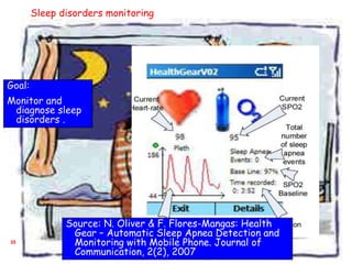 35
Goal:
Monitor and
diagnose sleep
disorders .
Sleep disorders monitoring
Source: N. Oliver & F. Flores-Mangas: Health
Gear – Automatic Sleep Apnea Detection and
Monitoring with Mobile Phone. Journal of
Communication, 2(2), 2007
 