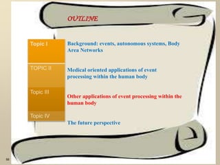 OUTLINE
Background: events, autonomous systems, Body
Area Networks
Medical oriented applications of event
processing within the human body
Other applications of event processing within the
human body
The future perspective
50
Topic I
TOPIC II
Topic III
Topic IV
 