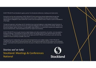 Stories we’ve told.
Stockland: Meetings & Conferences
National
EVENT PROJECTS are Stockland’s agency partner for all national conferences, meetings and trade events.
During the now five year partnership, EVENT PROJECTS have built strong internal relationships through their
commitment to add unexpected creative elements to every event, challenging the status quo and providing
opportunities for delegates to step outside their comfort zone and experience what it means to work for Stockland in
a fresh light.
Through this approach, technology and AV standards have improved helping to create deeper brand immersion at
each touch point and the choice of venues has transported delegates from the mundane to the WOW. Whether it be
fire pits and tepees, fashion and food, a curated gallery style exhibition or a customised marquee with bespoke bars,
food and entertainment, internal Stockland events now inspire and incentivise.
EVENT PROJECTS have brought interactive digital displays and video presentations, live artists, over size graphics,
branded furnishings, commissioned art pieces and various mini off-site events to push staff and teams into trying
something new. The standard has now been set very high and EVENT PROJECTS continue to work with their key
suppliers to ensure anything is possible, every time.
Managing long term relationships with various internal departments and multiple budgets, EVENT PROJECTS
understand the culture behind individual business silos, the educational objectives and the audience and confidently
provide customsied brand experiences that have the power to influence how internal stakeholders view the Stockland
brand.
 