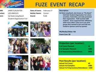 FUZE EVENT RECAP
Post Results (per location):
Actual # of Cases: 40
Actual # of Samples: 1680
Actual # of Impressions/Attendance: 1500
Description :
Cal State Long Beach, also known as “The Beach”
held their Student Organization Fair where
sororities, fraternities, and clubs promoted
their organization. FUZE touched 1500
students. Some supported their affiliations
while many others came out to see what
groups they wanted to join and FUZE was
invited to sponsor some fun parties!
PR/Media/Other: NA
Event Cost: $0
Projection (per location):
# of Cases Planned: 40
# of Samples Planned: 1680
# of Impressions/Attendance: 2000
Date of Event: February 5th
Bottler Name: Carson
Brand: FUZE
MM: JAMIE SLAUGHTER
Market: LOS ANGELES
vent: Cal State Long Beach
Student Organization Fair
 