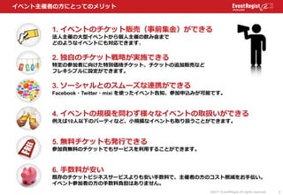 イベント主催者の方にとってのメリット



      1. イベントのチケット販売（事前集金）ができる
      法人主催の大型イベントから個人主催の飲み会まで
      どのようなイベントにも対応できます。

      2. 独自のチ...