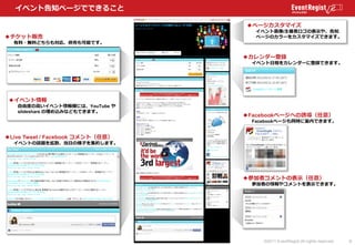 イベント告知ページでできること

                                  ◆ページカスタマイズ
                                     イベント画像/主催者ロゴの表示や、告知
◆チケ...