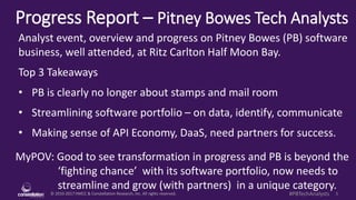 © 2010-2017 HMCC & Constellation Research, Inc. All rights reserved. 1#PBTechAnalysts
Progress Report – Pitney Bowes Tech Analysts
MyPOV: Good to see transformation in progress and PB is beyond the
‘fighting chance’ with its software portfolio, now needs to
streamline and grow (with partners) in a unique category.
Analyst event, overview and progress on Pitney Bowes (PB) software
business, well attended, at Ritz Carlton Half Moon Bay.
Top 3 Takeaways
• PB is clearly no longer about stamps and mail room
• Streamlining software portfolio – on data, identify, communicate
• Making sense of API Economy, DaaS, need partners for success.
 