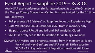 © 2010-2019 HMCC & Constellation Research, Inc. All rights reserved. 1#SapphireNOW
Event Report – Sapphire 2019 – Xs & Os
MyPOV: SAP makes good progress, escape from in memory jail is key
for XM and NextGenApps and SAP overall. Little space for
S4/HANA in keynotes and integration questions still loom.
Yearly SAP user conference, similar attendance, as usual in Orlando at
the Orange County Convention Center, 6 sisters invited for the 1st time.
Top Takeaways
• SAP presents all 6 “sisters” at Sapphire, focus on Experience Mgmt
• Data Warehouse Cloud unshackles SAP from in memory only
• Big push across RPA, AI and IoT and SAP Analytics Cloud
• SAP CP is firmly set as the foundation for all things SAP now
 