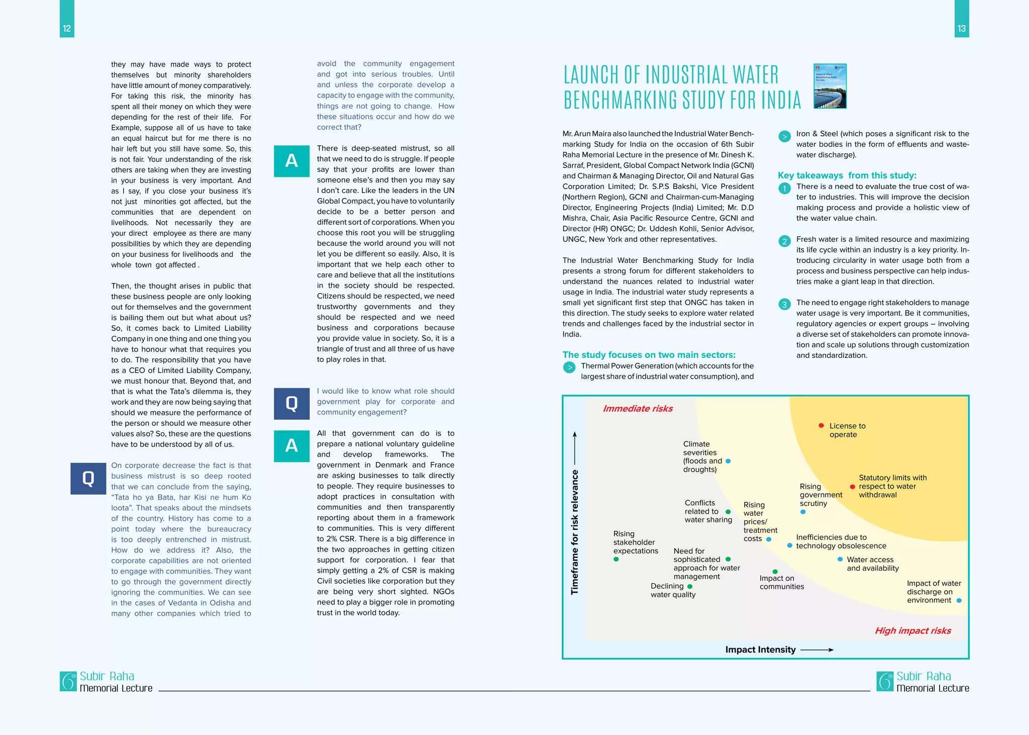 12 13
Subir Raha
Memorial Lecture
Subir Raha
Memorial Lecture
avoid the community engagement
and got into serious troubles. Until
and unless the corporate develop a
capacity to engage with the community,
things are not going to change. How
these situations occur and how do we
correct that?
There is deep-seated mistrust, so all
that we need to do is struggle. If people
say that your profits are lower than
someone else’s and then you may say
I don’t care. Like the leaders in the UN
Global Compact, you have to voluntarily
decide to be a better person and
different sort of corporations. When you
choose this root you will be struggling
because the world around you will not
let you be different so easily. Also, it is
important that we help each other to
care and believe that all the institutions
in the society should be respected.
Citizens should be respected, we need
trustworthy governments and they
should be respected and we need
business and corporations because
you provide value in society. So, it is a
triangle of trust and all three of us have
to play roles in that.
I would like to know what role should
government play for corporate and
community engagement?
All that government can do is to
prepare a national voluntary guideline
and develop frameworks. The
government in Denmark and France
are asking businesses to talk directly
to people. They require businesses to
adopt practices in consultation with
communities and then transparently
reporting about them in a framework
to communities. This is very different
to 2% CSR. There is a big difference in
the two approaches in getting citizen
support for corporation. I fear that
simply getting a 2% of CSR is making
Civil societies like corporation but they
are being very short sighted. NGOs
need to play a bigger role in promoting
trust in the world today.
they may have made ways to protect
themselves but minority shareholders
have little amount of money comparatively.
For taking this risk, the minority has
spent all their money on which they were
depending for the rest of their life. For
Example, suppose all of us have to take
an equal haircut but for me there is no
hair left but you still have some. So, this
is not fair. Your understanding of the risk
others are taking when they are investing
in your business is very important. And
as I say, if you close your business it’s
not just minorities got affected, but the
communities that are dependent on
livelihoods. Not necessarily they are
your direct employee as there are many
possibilities by which they are depending
on your business for livelihoods and the
whole town got affected .
Then, the thought arises in public that
these business people are only looking
out for themselves and the government
is bailing them out but what about us?
So, it comes back to Limited Liability
Company in one thing and one thing you
have to honour what that requires you
to do. The responsibility that you have
as a CEO of Limited Liability Company,
we must honour that. Beyond that, and
that is what the Tata’s dilemma is, they
work and they are now being saying that
should we measure the performance of
the person or should we measure other
values also? So, these are the questions
have to be understood by all of us.
On corporate decrease the fact is that
business mistrust is so deep rooted
that we can conclude from the saying,
“Tata ho ya Bata, har Kisi ne hum Ko
loota”. That speaks about the mindsets
of the country. History has come to a
point today where the bureaucracy
is too deeply entrenched in mistrust.
How do we address it? Also, the
corporate capabilities are not oriented
to engage with communities. They want
to go through the government directly
ignoring the communities. We can see
in the cases of Vedanta in Odisha and
many other companies which tried to
Q
Q
A
A
Launch of Industrial Water
Benchmarking Study for India
Mr. Arun Maira also launched the Industrial Water Bench-
marking Study for India on the occasion of 6th Subir
Raha Memorial Lecture in the presence of Mr. Dinesh K.
Sarraf, President, Global Compact Network India (GCNI)
and Chairman & Managing Director, Oil and Natural Gas
Corporation Limited; Dr. S.P.S Bakshi, Vice President
(Northern Region), GCNI and Chairman-cum-Managing
Director, Engineering Projects (India) Limited; Mr. D.D
Mishra, Chair, Asia Pacific Resource Centre, GCNI and
Director (HR) ONGC; Dr. Uddesh Kohli, Senior Advisor,
UNGC, New York and other representatives.
The Industrial Water Benchmarking Study for India
presents a strong forum for different stakeholders to
understand the nuances related to industrial water
usage in India. The industrial water study represents a
small yet significant first step that ONGC has taken in
this direction. The study seeks to explore water related
trends and challenges faced by the industrial sector in
India.
The study focuses on two main sectors:
	 Thermal Power Generation (which accounts for the
largest share of industrial water consumption), and
	 Iron & Steel (which poses a significant risk to the
water bodies in the form of effluents and waste-
water discharge).
Key takeaways from this study:
	 There is a need to evaluate the true cost of wa-
ter to industries. This will improve the decision
making process and provide a holistic view of
the water value chain.
	
	 Fresh water is a limited resource and maximizing
its life cycle within an industry is a key priority. In-
troducing circularity in water usage both from a
process and business perspective can help indus-
tries make a giant leap in that direction.
	 The need to engage right stakeholders to manage
water usage is very important. Be it communities,
regulatory agencies or expert groups – involving
a diverse set of stakeholders can promote innova-
tion and scale up solutions through customization
and standardization.
>
>
1
2
3
License to
operate
Statutory limits with
respect to water
withdrawal
Impact of water
discharge on
environment
Water access
and availability
Impact on
communities
Impact Intensity
Timeframeforriskrelevance
Declining
water quality
Inefficiencies due to
technology obsolescence
Rising
government
scrutinyRising
water
prices/
treatment
costs
Need for
sophisticated
approach for water
management
Rising
stakeholder
expectations
Conflicts
related to
water sharing
Climate
severities
(floods and
droughts)
Immediate risks
High impact risks
 