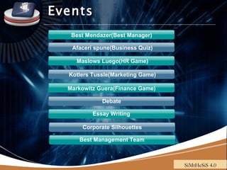 Events www.themegallery.com SiMtHeSiS 4.0 Afaceri spune(Business Quiz) Maslows Luego(HR Game) Kotlers Tussle(Marketing Game) Markowitz Guera(Finance Game) Best Mendazer(Best Manager) Debate Essay Writing Corporate Silhouettes Best Management Team