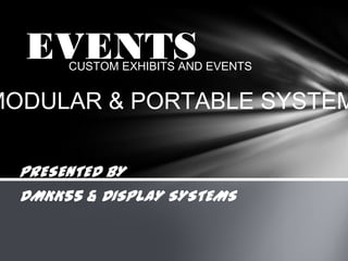 PRESENTED BY
DMKK55 & DISPLAY SYSTEMS
EVENTS
MODULAR & PORTABLE SYSTEM
CUSTOM EXHIBITS AND EVENTS
 