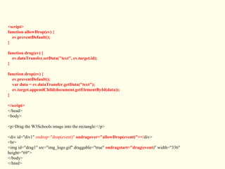 <script>
function allowDrop(ev) {
ev.preventDefault();
}
function drag(ev) {
ev.dataTransfer.setData("text", ev.target.id);
}
function drop(ev) {
ev.preventDefault();
var data = ev.dataTransfer.getData("text");
ev.target.appendChild(document.getElementById(data));
}
</script>
</head>
<body>
<p>Drag the W3Schools image into the rectangle:</p>
<div id="div1" ondrop="drop(event)" ondragover="allowDrop(event)"></div>
<br>
<img id="drag1" src="img_logo.gif" draggable="true" ondragstart="drag(event)" width="336"
height="69">
</body>
</html>
 