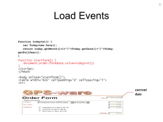 21
Load Events
function todaytxt() {
var Today=new Date();
return today.getMonth()+1+”/”+Today.getDate()+”/”+Today.
getFullYear();
}
current
date
 