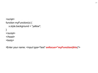 29
<script>
function myFunction(x) {
x.style.background = "yellow";
}
</script>
</head>
<body>
•Enter your name: <input type="text" onfocus="myFunction(this)">
 