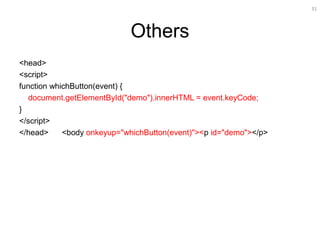 31
Others
<head>
<script>
function whichButton(event) {
document.getElementById("demo").innerHTML = event.keyCode;
}
</script>
</head> <body onkeyup="whichButton(event)"><p id="demo"></p>
 