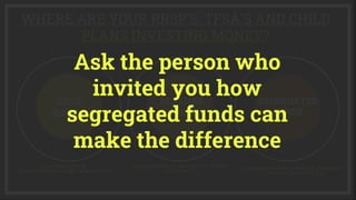 WHERE ARE YOUR RRSP’S, TFSA'S AND CHILD
PLANS INVESTING MONEY?
I GIC &
BONDS
MUTUAL
FUNDS
SEGREGATED
FUNDS
Ask the person who
invited you how
segregated funds can
make the difference
 