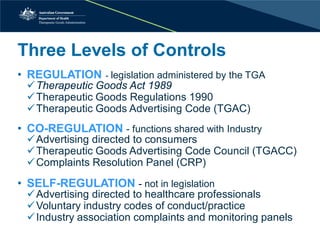 Three Levels of Controls 
• 
REGULATION - legislation administered by the TGA 
 
Therapeutic Goods Act 1989 
 
Therapeutic Goods Regulations 1990 
 
Therapeutic Goods Advertising Code (TGAC) 
•CO-REGULATION - functions shared with Industry 
Advertising directed to consumers 
Therapeutic Goods Advertising Code Council (TGACC) 
Complaints Resolution Panel (CRP) 
•SELF-REGULATION - not in legislation 
Advertising directed to healthcare professionals 
Voluntary industry codes of conduct/practice 
Industry association complaints and monitoring panels  