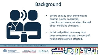 Background 
• Before 26 May 2014 there was no 
central, timely, consistent, 
coordinated communication channel 
about medicine shortages. 
• Individual patient care may have 
been compromised and the work of 
health professionals affected. 
 