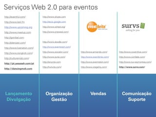 Serviços Web 2.0 para eventos
http://eventful.com/         http://www.skype.com

http://www.last.fm           http://docs.google.com

http://www.upcoming.org      http://www.sched.org/

http://www.meetup.com        http://www.onewed.com/

http://gotribal.com

http://plancast.com/         http://www.doodle.com/

http://www.livenation.com/   http://www.eventstart.com/

                             http://www.socializr.com/    http://www.amiando.com/      http://www.coveritlive.com/
http://www.songkick.com/
                             http://www.evite.com/        http://www.eventbrite.com/   http://www.confabb.com/
http://culturemob.com/
                             http://anyvite.com           http://www.eventsbot.com/    http://www.surveymonkey.com/
http://pt.yeaaaah.com/pt
                             http://twtvite.com/          http://www.stagehq.com/      http://www.survs.com/
http://dancingmob.com




Lançamento                      Organização                       Vendas                 Comunicação
 Divulgação                       Gestão                                                   Suporte
 