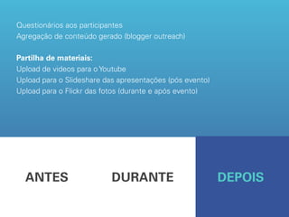 Questionários aos participantes
Agregação de conteúdo gerado (blogger outreach)

Partilha de materiais:
Upload de videos para o Youtube
Upload para o Slideshare das apresentações (pós evento)
Upload para o Flickr das fotos (durante e após evento)




  ANTES                    DURANTE                        DEPOIS
 