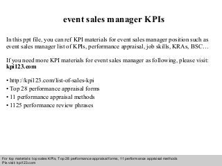 Interview questions and answers – free download/ pdf and ppt file
event sales manager KPIs
In this ppt file, you can ref KPI materials for event sales manager position such as
event sales manager list of KPIs, performance appraisal, job skills, KRAs, BSC…
If you need more KPI materials for event sales manager as following, please visit:
kpi123.com
• http://kpi123.com/list-of-sales-kpi
• Top 28 performance appraisal forms
• 11 performance appraisal methods
• 1125 performance review phrases
For top materials: top sales KPIs, Top 28 performance appraisal forms, 11 performance appraisal methods
Pls visit: kpi123.com
 