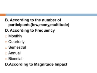 B. According to the number of
participants(few,many,multitude)
D. According to Frequency
 Monthly
 Quarterly
 Semestral
 Annual
 Biennial
D.According to Magnitude Impact
 
