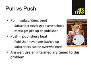 Pull vs Push
• Pull = subscribers beat
– Subscriber never get overwhelmed
– Messages pile up on publisher
• Push = publishers beat
– Publisher never gets backed up
– Subscribers can be overwhelmed
• Answer: use an intermediary tuned to this
problem
 