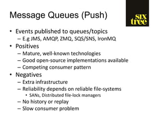 Message Queues (Push)
• Events published to queues/topics
– E.g JMS, AMQP, ZMQ, SQS/SNS, IronMQ
• Positives
– Mature, well-known technologies
– Good open-source implementations available
– Competing consumer pattern
• Negatives
– Extra infrastructure
– Reliability depends on reliable file-systems
• SANs, Distributed file-lock managers
– No history or replay
– Slow consumer problem
 