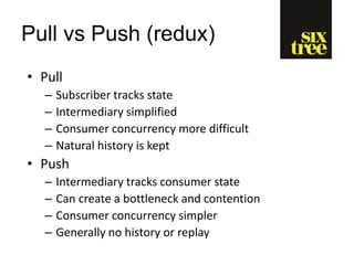 Pull vs Push (redux)
• Pull
– Subscriber tracks state
– Intermediary simplified
– Consumer concurrency more difficult
– Natural history is kept
• Push
– Intermediary tracks consumer state
– Can create a bottleneck and contention
– Consumer concurrency simpler
– Generally no history or replay
 