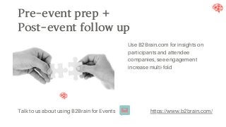 Pre-eventprep+
Post-eventfollowup
Talk to us about using B2Brain for Events
Use B2Brain.com for insights on
participants and attendee
companies, see engagement
increase multi-fold
https://www.b2brain.com/