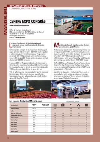 MANDELIEU

INFRASTRUCTURES DE CONGRÈS
CONFERENCE INFRASTRUCTURES

CENTRE EXPO CONGRÈS
www.mandelieucongres.com

Ofﬁce de Tourisme et des Congrès
806, avenue de Cannes - 06210 Mandelieu - La Napoule
Tél. 04 93 93 64 75 - Fax 04 93 93 64 66
delannoy@ot-mandelieu.fr

Contact : Odile Delannoy

L

M

Il propose 5 000 m² d’espaces modulables, fonctionnels et a
été conçu selon des critères Haute Qualité Environnementale.
En grande partie neuf ou rénové, un parc hôtelier de plus de
1 000 chambres est disponible sur un rayon de 2 km.

It offers 5,000 sq.m. of modular, functional areas and was
designed to High Environmental Quality criteria. Mostly
new or renovated hotel properties with over 1,000 rooms
are available in a 2 km radius.

Ville de taille moyenne, mais aussi adaptée que les grandes à
la mise en place d’événements business, Mandelieu-La
Napoule est située dans la baie de Cannes, entre la Méditerranée et le Massif de l’Estérel.

Mandelieu-La Napoule is a medium sized town which is
just as adapted to the setting up of business events as
large towns, on the bay of Cannes between the Mediterranean Sea and the Estérel mountains.

e Centre Expo Congrès de Mandelieu-La Napoule
se présente comme une infrastructure de dimension
intermédiaire.

Édiﬁé selon des principes de développement durable, ayant
acquis le niveau 2 de certiﬁcation ISO 14001, de plain-pied et
à la lumière du jour, il est le lieu idéal pour l’organisation
de congrès (200-1000 personnes), salons professionnels ou
grand public (jusqu’à 230 stands), soirées de galas et cocktails
dînatoires (1 500-3 500 convives).

andelieu-La Napoule Expo Convention Centre is
a medium sized establishment.

Built according to sustainable development principles and
having achieved ISO14001 level 2 certiﬁcation, this singlestorey naturally lit centre is the ideal place for organising
conventions (200-1000 delegates), trade fairs or
exhibitions open to the general public (up to 230 stands),
gala evenings and cocktail dinners (1,500-3,500 guests).

Les espaces de réunion / Meeting areas

CAPACITÉ D’ACCUEIL / CAPACITY

NOM DE LA SALLE

SURFACE
AREA

HAUTEUR PLAFOND
CEILING HEIGHT

Auditorium Riviera

1100 m²

–

1000

–

1500

600

–

Lobby

800 m²

–

–

–

1000

–

–

Salon Azur (A+B+C+D)

150 m²

–

130

100

190

100

50

Espace Siagne (A+B+C+D)

1700 m²

–

1600

1000

2400

1500

–

Salon La Napoule

43 m²

–

25

15

–

–

18

Salon San Peyre

40 m²

–

25

15

–

–

18

Salon Mimosa

35 m²

–

20

12

–

–

12

Salon Esterel

–

20

12

–

–

12

30 m²

–

20

12

–

–

12

Salon Capitou

35 m²

–

20

12

–

–

12

Salle du Conseil

106

35 m²

Salon Minelle

30 m²

–

20

12

–

–

12

 
