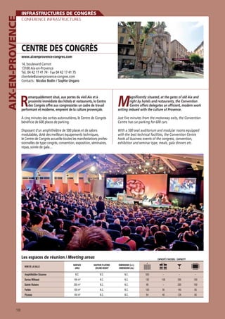 AIX-EN-PROVENCE

INFRASTRUCTURES DE CONGRÈS
CONFERENCE INFRASTRUCTURES

CENTRE DES CONGRÈS
www.aixenprovence-congres.com

14, boulevard Carnot
13100 Aix-en-Provence
Tél. 04 42 17 41 74 - Fax 04 42 17 41 75
clientele@aixenprovence-congres.com
Contacts : Nicolas Bodin / Sophie Ungaro

R

des Congrès offre aux congressistes un cadre de travail
performant et moderne, empreint de la culture provençale.

M

À cinq minutes des sorties autoroutières, le Centre de Congrès
bénéﬁcie de 600 places de parking.

Just ﬁve minutes from the motorway exits, the Convention
Centre has car-parking for 600 cars.

Disposant d’un amphithéâtre de 500 places et de salons
modulables, doté des meilleurs équipements techniques,
le Centre de Congrès accueille toutes les manifestations professionnelles de type congrès, convention, exposition, séminaires,
repas, soirée de gala…

With a 500 seat auditorium and modular rooms equipped
with the best technical facilities, the Convention Centre
hosts all business events of the congress, convention,
exhibition and seminar type, meals, gala dinners etc.

emarquablement situé, aux portes du vieil Aix et à

agniﬁcently situated, at the gates of old Aix and
right by hotels and restaurants, the Convention
Centre offers delegates an efﬁcient, modern work
setting imbued with the culture of Provence.

Les espaces de réunion / Meeting areas

CAPACITÉ D’ACCUEIL / CAPACITY

SURFACE
AREA

HAUTEUR PLAFOND
CEILING HEIGHT

DIMENSIONS (l x L)
DIMENSIONS (lxL)

N.C.

N.C.

N.C.

500

–

–

–

Darius Milhaud

198 m²

N.C.

N.C.

192

108

280

180

Sainte Victoire

200 m²

N.C.

N.C.

96

–

280

160

Forbin

100 m²

N.C.

N.C.

100

56

140

80

Picasso

100 m²

N.C.

N.C.

84

48

126

80

NOM DE LA SALLE

Amphithéâtre Cézanne

108

 