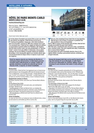 MONACO

HOTELLERIE D’AFFAIRES
BUSINESS CATERING

HÔTEL DE PARIS MONTE-CARLO
MONTE-CARLO S.B.M.

★★★★★

montecarlomeeting.com

Place du Casino - 98000 Monaco
Tél. (+377) 98 06 17 17 - Fax (+377) 98 06 59 56
e.mail : groupes@sbm.mc
Contact : Alice Gentils
600

Ouvert toute l’année / Open year round

7

MAXI

I

l est des palaces d’exception qui cessent d’être un jour une adresse
pour devenir une légende. L’Hôtel de Paris est de ceux-là.
Il continue de symboliser, chaque jour, cette même excellence
dans l’art d’accueillir. Construit en 1864, pour surpasser tout ce que
l’on connaissait alors, l’Hôtel de Paris a gagné ses lettres de noblesse
en transcendant la grande tradition de l’hôtellerie. 182 chambres,
dont 83 suites et junior suites, une suite présidentielle, un “Business
Center”, un bar et une cave célèbre, 4 restaurants, c’est un palace
mythique. Plus qu’une fidélité à la grande tradition de l’hôtellerie
de prestige, le soin remarquable apporté aux moindres détails signe
l’accueil personnalisé de chaque visiteur et répond à la plus haute
des exigences.
Parmi les espaces réservés aux réunions de direction et
séminaires jusqu’à 80 personnes, la Salle Empire pouvant
accueillir jusqu’à 600 personnes en cocktail, confère aux
grandes rencontres un parfum de solennité qui fait de
chacune d’elle, à coup-sûr, un instant inoubliable.

182

-

4

T

here are a few exceptional luxury hotels that are truly legendary.
Hôtel de Paris is one of those. It continues to symbolize that
same excellence in the art of hospitality.
Built in 1864 to surpass all that had been done till then, Hôtel de Paris
actually transcended the great hotel tradition.
With 182 rooms, including 83 suites and junior suites, a presidential
suite, a business center, a bar and a reputed wine cellar, 4 restaurants,
this is a luxury hotel of legend.
The hotel guests will notice remarkable attention shaun to the
slightest details, including a personalized welcome, satisfying their
stringent demands.
Among the banquet halls that can be used for board meetings and seminars for up to 80 people, La Salle Empire
can host up to 600 people for cocktails, adding a touch of
ceremony to each encounter that makes it truly unforgettable.

Restauration
Incontournable, l’Hôtel de Paris l’est également pour sa haute tenue
gastronomique et ses remarquables chefs dont les tenants ont pour
nom le célèbrissime “Louis XV-Alain Ducasse” 3 étoiles Michelin mais
aussi “Le Grill” et le restaurant “Côté Jardin”. La Salle Empire et sa
terrasse aux charmes incontournables, un bar à l’ambiance feutrée.
Équipements annexes et divers
Boutiques, Business Center, accès direct aux Thermes Marins MonteCarlo.
Les Plus Monte-Carlo S.B.M. :
La carte Cercle Monte-Carlo :une seule carte, une multitude de
privilèges ! Bénéficiez de :
- L’entrée gratuite au Casino de Monte-Carlo, au complexe des
Thermes Marins Monte-Carlo (piscine, hammam, sauna, fitness) et au
Monte-Carlo Beach Club (piscine ouverte de mai à octobre).
- 50 % de réduction au Monte-Carlo Golf Club et au Monte-Carlo
Country Club.
Accès et situation
Au cœur du Carré d’Or, sur la place du Casino de Monte-Carlo, à deux
pas de toutes les commodités qu’offre le centre-ville.

Restaurants
The Hôtel de Paris is equally outstanding for its fine gastronomy
and remarkable chefs, such as Alain Ducasse at the 3 Michelin star
restaurant “Louis XV-Alain Ducasse”. You can also enjoy “Le Grill”
and “Côté Jardin”. Salle Empire and its terrace with their inescapable
charm, a bar with a very gracious atmosphere.
Other facilities
Boutiques, Business Center, direct access to the Thermes Marins
Monte-Carlo.
The advantages of Monte-Carlo SBM
“The Cercle Monte-Carlo” Card is your passport for the Resort
Monte-Carlo SBM. With it, you can enjoy:
- Free entry to the Monte-Carlo Casino, the Thermes Marins MonteCarlo complex (swimming pool, hammam, sauna, fitness) and the
Monte-Carlo Beach Club (pool open from May to October).
– 50% discount at the Monte-Carlo Country Club and the Monte-Carlo
Golf Club.
Access and location
You’re in the world famous Carré d’Or, on the Monte-Carlo Casino
place, next to all good things the city center has to offer.
CAPACITÉ D’ACCUEIL / CAPACITY

NOM DES SALLES
ROOM NAMES

Salon Beaumarchais
Salon Berlioz
Salon Bosio
Salon Charles III
Salon Churchill
Salon Debussy
Salle Empire
Salon Puccini
Salon Ravel

DIMENSIONS (l x L)
DIMENSIONS (W x L)

SURFACE
AREA (m2)

HAUTEUR PLAFOND
CEILING HEIGHT (cm)

5,6 x 8,7
10,6 x 7,7
5,6 x 8,7
6,7 x 8,9
5,1 x 7,2
9,3 x 12,1
25,3 x 18
5,3 x 8,9
5,7 x 7,7

48
67
48
58
36
125
500
51
46

350
310
350
260
280
390
785
310
390

25
30
25
47
sd
16
15

40
40
40
82
sd
30
25

20
22
20
33
sd
14
15

50
24
80
450
20
20

40
60
40
40
100
600
40
40

119

 