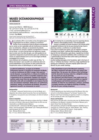 MONACO

SITES REMARQUABLES
REMARKABLE VENUES

MUSÉE OCÉANOGRAPHIQUE
DE MONACO

www.oceano.mc

Avenue Saint-Martin - 98000 Monaco
Tél. (+377) 93 15 36 00 - Fax (+377) 92 16 77 93
e.mail : evenementiel@oceano.mc
www.facebook.com/OceanoMonaco - www.twitter.com/OceanoMC
Contact : Eva Muller
Ouvert toute l’année sauf le jour du Grand Prix F1
Open year round except the day of the Grand Prix F1

1200

V

ous souhaitez offrir à vos invités un lieu d’exception pour
l’organisation de vos dîners, cocktails ou incentives ?
Profitez d’une privatisation totale du Musée océanographique en soirée ou de sa splendide salle de Conférences en journée
pour vos séminaires, colloques ou lancements de produits.
Pour surprendre vos convives, modulez le programme en fonction
de vos envies : un verre d’accueil dans nos aquariums creusés
dans la roche suivi d’un dîner de gala, une visite guidée de nos
expositions temporaires et permanentes après une conférence ou
encore un cocktail dinatoire servi sur les trois étages du Musée
accompagné d’un concert.
Autre bâtiment de la Fondation, en plein cœur de Paris, “la
Maison des Océans“ peut accueillir vos conférences dans son
grand amphithéâtre et vos réunions en petit comité dans ses
exceptionnels salons et bibliothèques au cachet unique.

4

-

1

Y

ou’re looking for an outstanding venue for organising dinners,
cocktail or team-building sessions ? The Oceanographic
museum is available for private functions in the evening whilst
its splendid Conference hall can be yours during the day if you’re
planning a seminar, a conference or a product launch.
If you want to surprise your guests, you can organize a program
according to your desire : welcome drink alongside our aquariums
dug into the rock followed by a gala dinner, a guided tour of either
our temporary or permanent exhibitions after a conference or even
a cocktail buffet on the three floors which make up the Museum
with a concert thrown in...
Another building belonging to the Foundation, right in the heart of
Paris, is “la Maison des Océans“ which has a large amphitheatre for
hosting your conferences, and some uniquely styled rooms and
libraries for your smaller meetings.

La salle de Conférences : un joyau sur le Rocher.
Entièrement rénovée à l’occasion du Centenaire du Musée,
la salle de Conférences de 500 m² occupe l’aile ouest du
rez-de-chaussée. Les proportions, la richesse du mobilier et
l’harmonie du décor en font un ensemble somptueux pour
l’organisation de vos événements. Equipée d’un nouveau
système audio-visuel (liste des équipements disponible sur
demande), cette salle est modulable et sera toujours fournie
avec une assistance technique. Idéale pour vos conférences,
séminaires, ateliers et lancements de produits, elle pourra
également accueillir vos événements en soirée !

Fully refurbished as part of the Museum’s centenary,
the 500 m² conference hall takes up the west wing of the
ground floor. The lay-outs, the richness of the furnishings
and the decorative harmony make for a delightful setting
for any event you may be planning.
The conference hall which boasts a new audio-visual system (list of audio-visual equipment available on request)
is multi-purpose and technical assistance is provided as
standard. It’s ideal for any conferences, seminars, workshop
or product launches you might be thinking of holding…
But also for your evening receptions!

Restauration
“La Terrasse“, restaurant familial situé sur le toit du Musée, est à
disposition des visiteurs durant la journée. Pour vos manifestations
et réceptions, nous pouvons vous communiquer une liste de traiteurs
agréés.
Accès et situation
Construit à flanc de falaise à 85 mètres au-dessus des flots, le Musée
est situé sur le Rocher à deux pas du Palais Princier et offre une vue
imprenable sur la Méditerranée et Monaco.
Coordonnées GPS : Latitude 43.7307789 Longitude 7.4250305.
Route : Suivre les panneaux “Palais Musées“ puis “Parking des Pêcheurs“
(parking payant de 547 places).
Gare : Monaco Monte-Carlo.
Bus : n°1 ou 2, direction Monaco Ville.

Restaurant
If you’re spending your day looking around the Museum then why
not call in at the family restaurant “La Terrasse” located on the
Museum roof? If you’re looking to organise an event or a reception,
we can provide you with a list of approved caterers.
Access and location
Built into the cliff sides with a stunning view over the Mediterranean
and Monaco, the Museum is located on the Rock of Monaco just a
stone’s throw from the Palais Princier.
GPS coordinates: Latitude 43.7307789 Longitude 7.4250305 If you’re
coming by car: Follow the signs for “Palais Musées” then “Parking
des Pêcheurs” (car park with 547 spaces - charge applies).
Railway station: Monaco Monte-Carlo.
Bus: n° 1 or 2, direction Monaco Ville.

CAPACITÉ D’ACCUEIL / CAPACITY
NOM DES SALLES
ROOM NAMES

Salle de conférences (RDC)
Salon d’Honneur (RDC)
Salles du 1er étage
Aquarium

DIMENSIONS (l x L)
DIMENSIONS (W x L)

SURFACE
AREA (m2)

HAUTEUR PLAFOND
CEILING HEIGHT (cm)

nc
nc
nc
nc

500
250
1 400
650

nc
nc
nc
nc

220
-

300
-

80
-

200
50
-

500
150
600
600

143

 